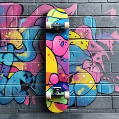 A colorful skateboard leaning against a vibrant graffiti wall, isolated on a transparent background.