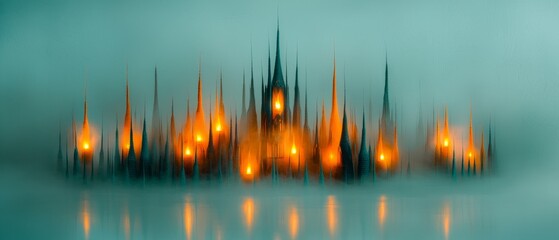 Enchanting Mystical Castle in Fog Illuminated Towers Fantasy Architecture Fairytale Scene