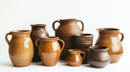 Collection of various traditional pottery vessels displayed against a clean white background showcasing craftsmanship and texture details.