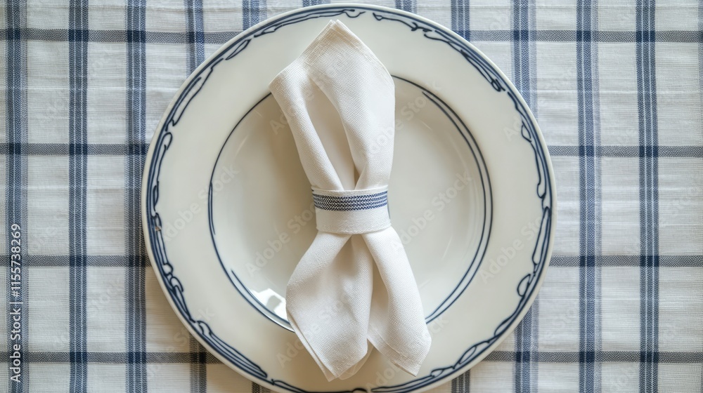 Poster elegant table setting with folded napkin on a decorative plate against a checkered tablecloth backgr