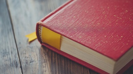 Closed red book with yellow bookmark positioned on a wooden surface creating a warm and inviting reading atmosphere for literature enthusiasts