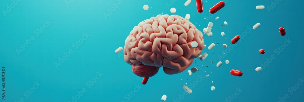 Leinwandbilder 3D model of a human brain surrounded by various colorful pills in a bright, abstract setting. Generative AI