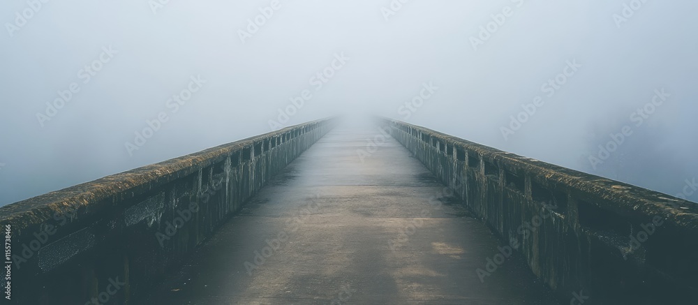 Poster mysterious fog envelops a long bridge creating an ethereal and tranquil atmosphere perfect for lands