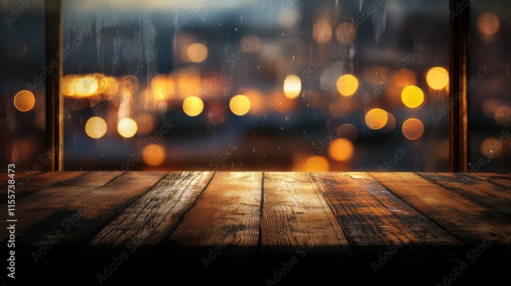 Aufkleber blurred window view with bokeh lights and wooden table background for copy space and product display