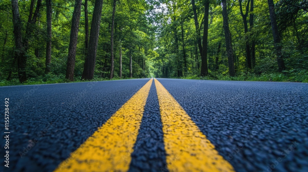 Poster scenic perspective view of a quiet road lined with lush trees in a serene forest setting during the 
