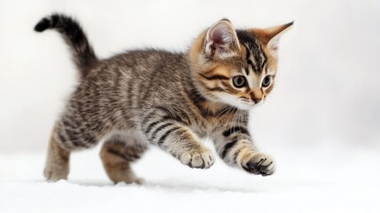 Obraz premium Energetic tabby kitten playfully running in a snowy environment showcasing its lively personality and playful spirit.