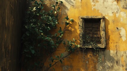 Vibrant plant climbing an aged yellow wall with a rustic window creating a serene natural atmosphere in an urban environment