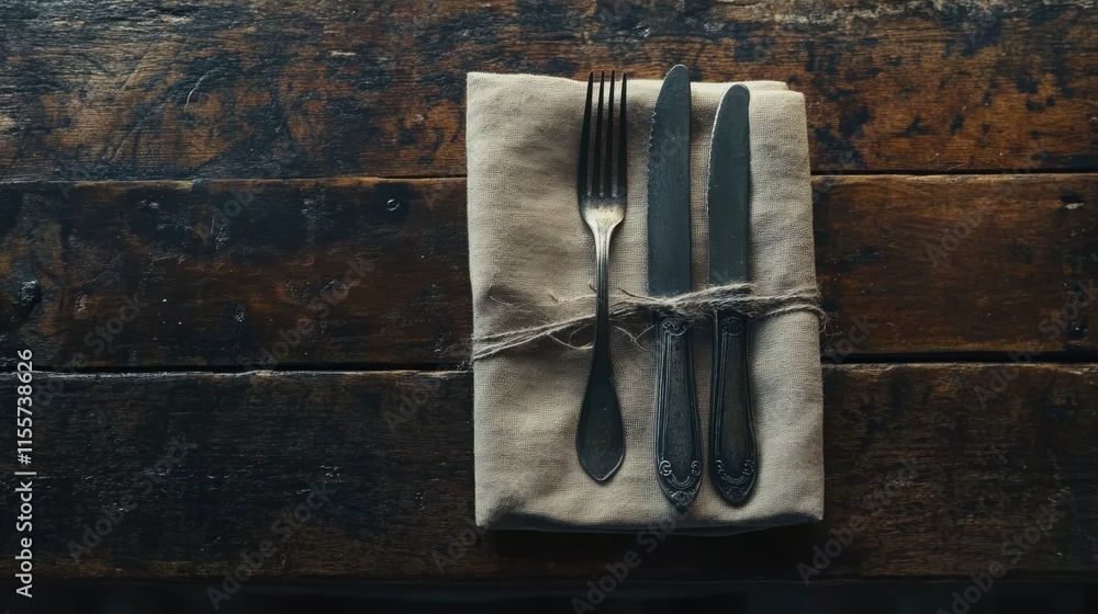 Poster elegant table setting with knife and fork wrapped in a linen napkin on rustic wooden table backgroun