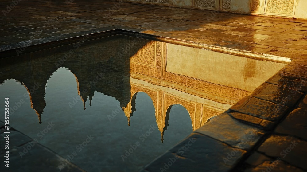 Poster reflection of ancient architecture shadows in tranquil water basin showcasing intricate design and t