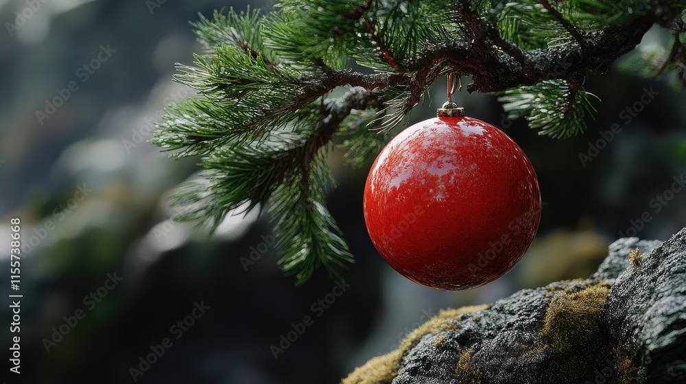 Poster close up of a vibrant red ornament hanging from a fir tree branch with a rocky background creating a