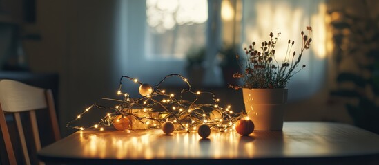 Enchanting table decoration featuring warm lights and a potted plant creating a cozy holiday atmosphere in a softly lit room