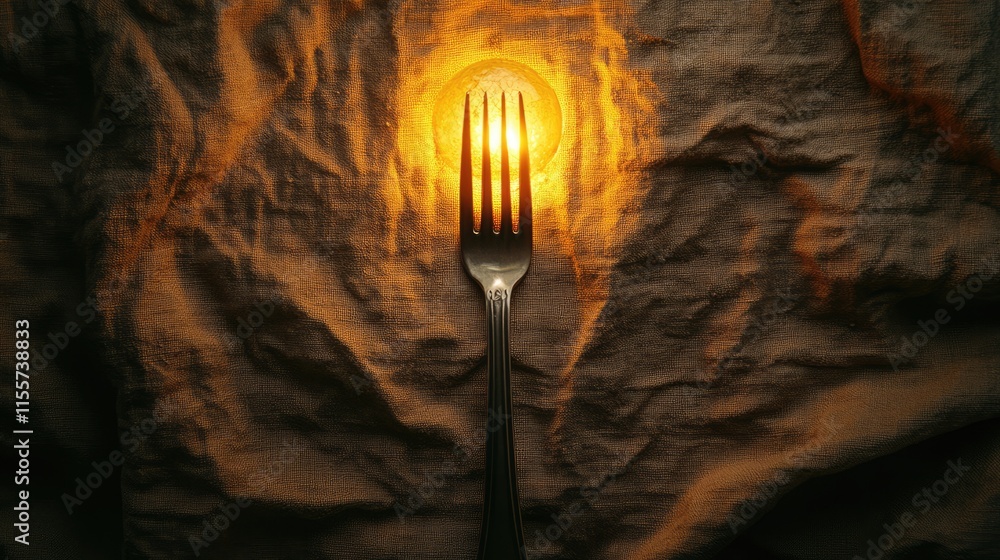 Poster stylish table setting featuring a silver fork illuminated on a textured beige napkin creating an ele