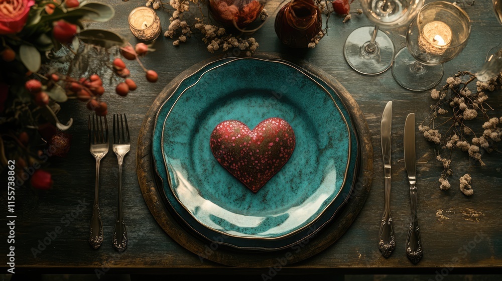 Aufkleber elegant table setting with decorative heart centerpiece and candles creating a romantic ambiance for