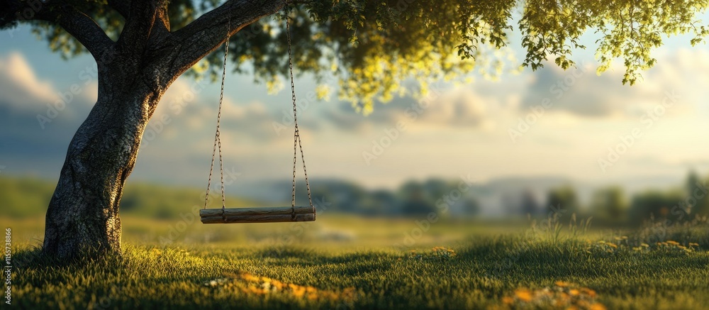 Poster serene swing hanging from a tree in a lush green landscape under soft sunlight creating a peaceful a