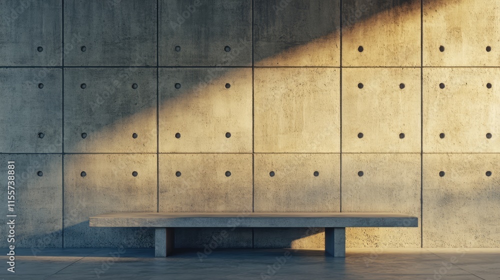 Poster modern concrete wall and minimalistic bench in spacious interior with soft lighting and empty space 