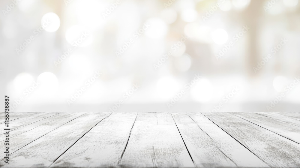 Poster whitewashed wooden table surface with blurred kitchen background creating empty space for decoration