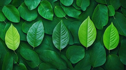 Family of four green leaves arranged by size on a natural backdrop concept symbolizing unity and nature's diversity in a tranquil setting.