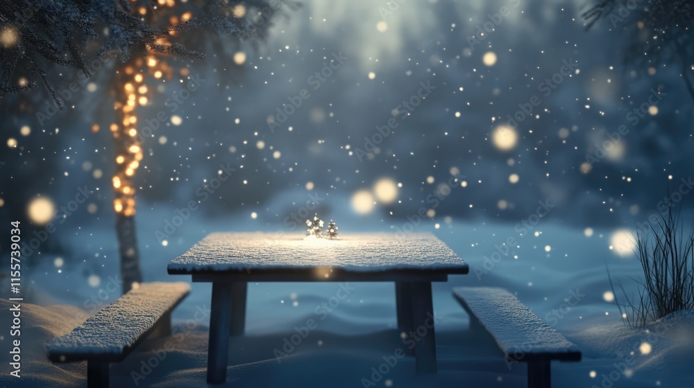 Poster Winter Table Setting in Snowy Landscape with Soft Snowfall and Warm Lights Creating a Cozy Atmosphere