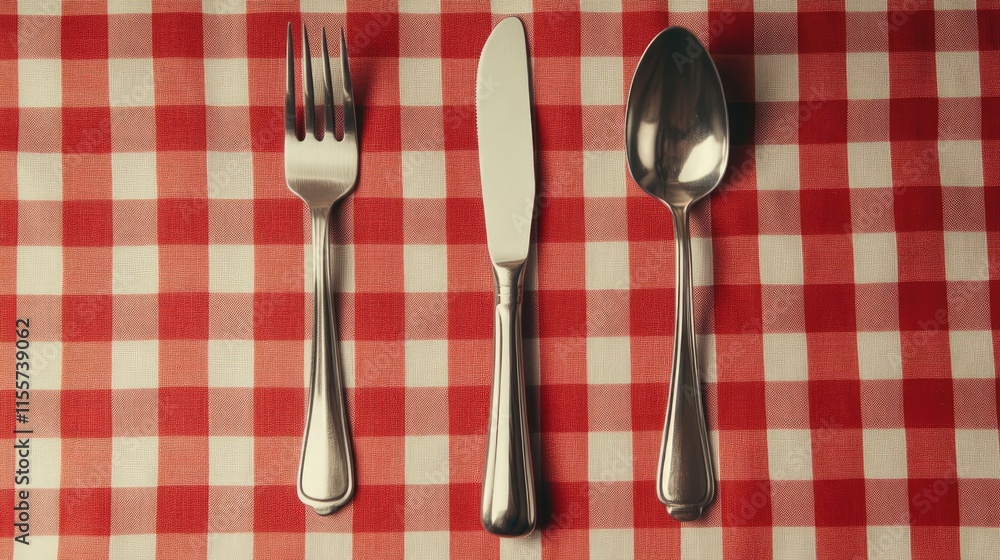 Poster elegant table setting with knife fork and spoon arranged on a red and white checkered tablecloth for