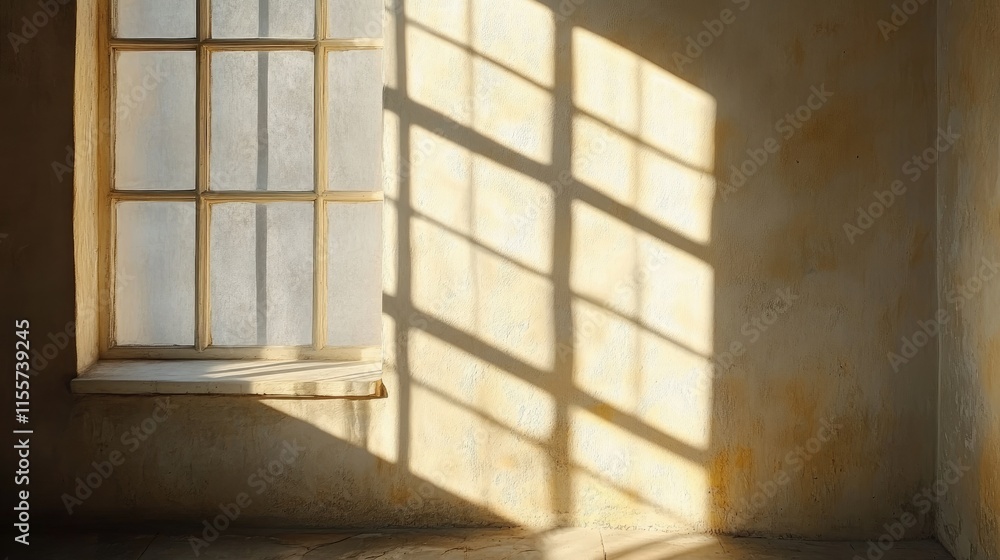 Poster sunlight casting intricate shadows on a textured wall and windowsill creating a graphic abstract com