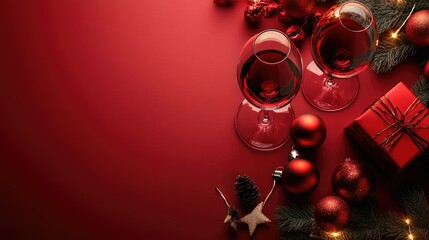 Festive table setting with wine glasses gift box and baubles on red background perfect for luxury greeting card or holiday celebration themes