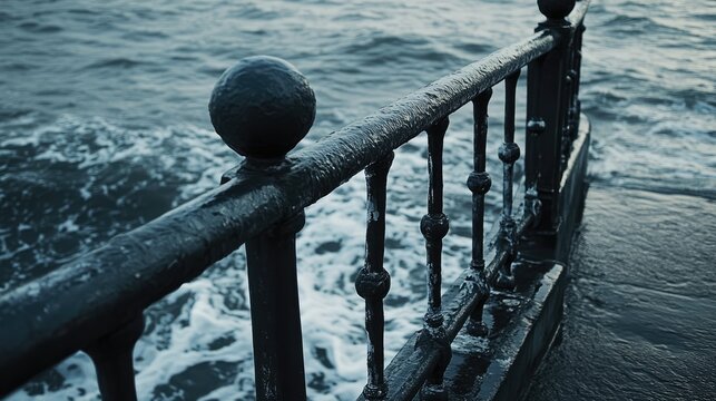 Railing of a vintage bridge overlooking the ocean waves with a moody atmosphere and water splashes