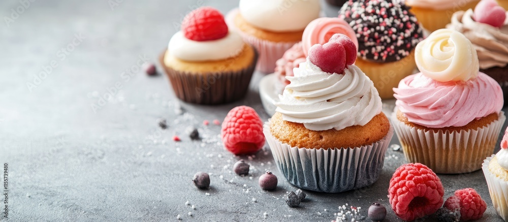 Poster colorful cupcakes with frosting and fresh berries arranged on a rustic table surface creating a deli