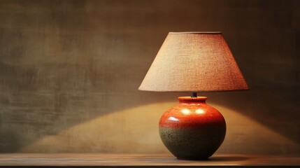 Ceramic table lamp with warm light against textured background in cozy interior setting
