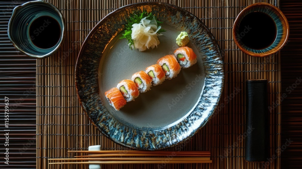 Poster sushi roll table setting with empty plate chopsticks and sauce bowl on bamboo mat top view gastronom