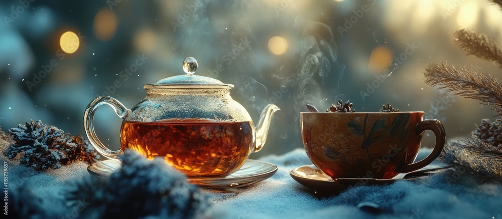 Poster warm winter tea setting with teapot and cup surrounded by pine cones and snowy backdrop creating a c