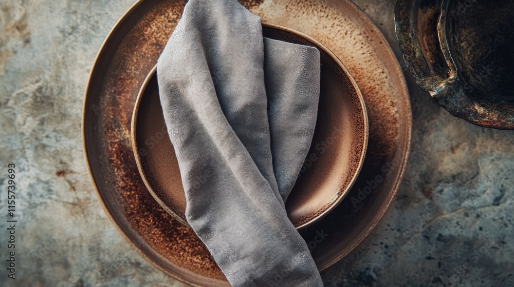 Poster elegant table setting featuring a neatly folded grey linen napkin on a rustic brown plate for stylis