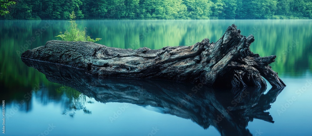 Poster tranquil lake scene featuring a fallen tree trunk partially submerged with lush green reflections in