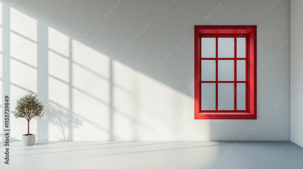 Poster aesthetic red window design on a minimalist white wall creating shadows and a serene atmosphere in a