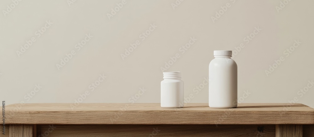 Poster minimalist composition of white bottles and wood surface on a neutral background ideal for product p