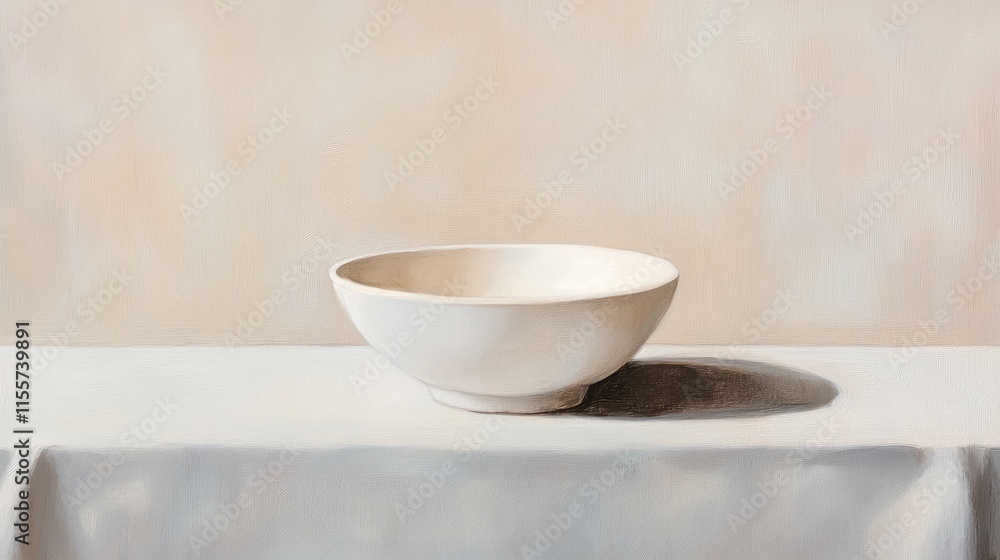 Poster minimalist table setting featuring an empty white ceramic bowl on a soft color background with subtl