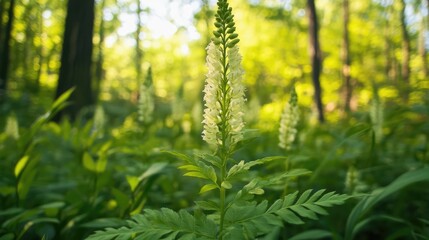 Obraz premium Lush green forest with tall fern and delicate white flowers in natural sunlight creating a serene woodland landscape