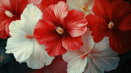 Obraz premium Vibrant close-up of red and white hibiscus flowers showcasing their intricate petals and delicate textures in a lush garden setting