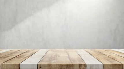 Kitchen tabletop with whitewashed wooden surface and neutral color wall for decoration and display purposes
