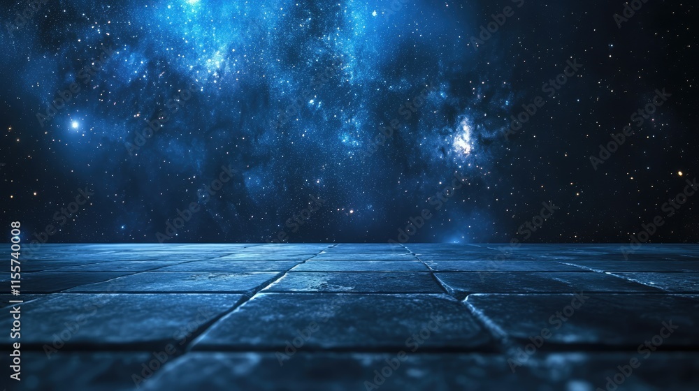 Poster dark cosmic background with stone table surface ideal for product display or creative presentations 