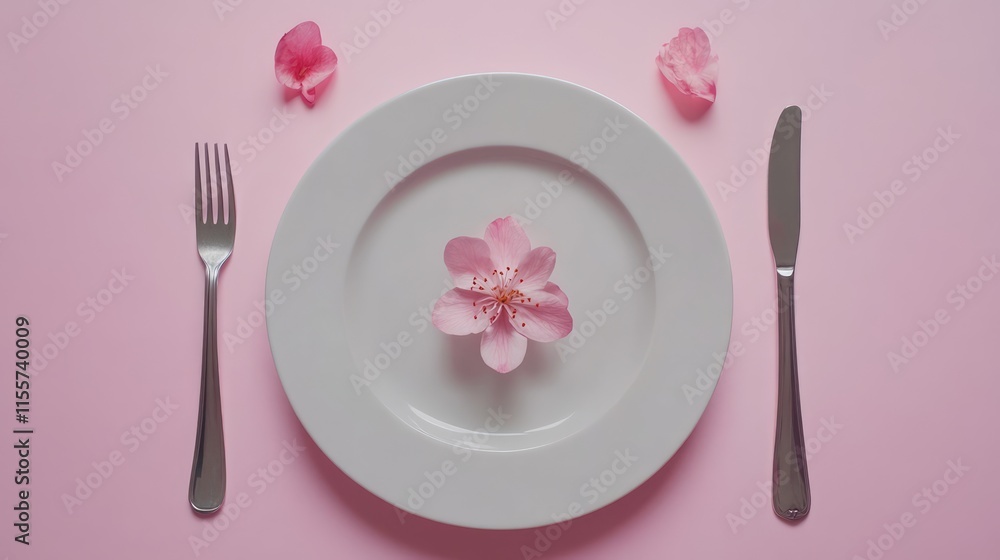 Poster elegant table setting with white plate and pink flower accent on pink background flat lay with space