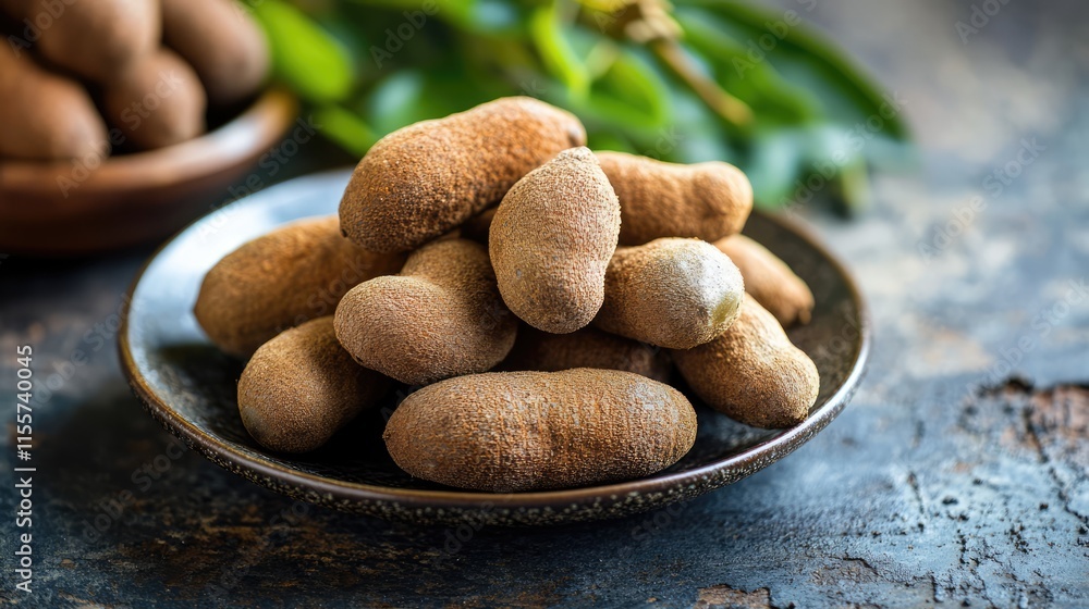 Poster tamarind fruit clusters showcasing soft texture and sour flavor on a textured surface with green lea
