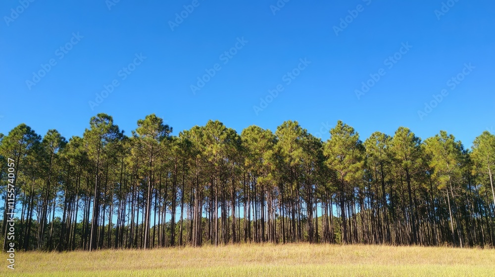 Poster lush tall trees creating a natural backdrop for a vibrant blue sky over an open field in a serene la