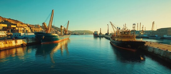 Fototapeta premium Serene harbor with boats and cranes at sunset reflecting calm waters and beautiful landscapes in a picturesque seaside setting.