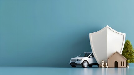 Insurance concept with a car, house, shield, and tree on blue background.