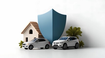A house, cars, and a shield symbolizing insurance protection.