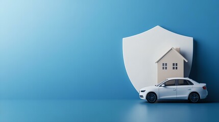 A car and house model shielded by a protective emblem.