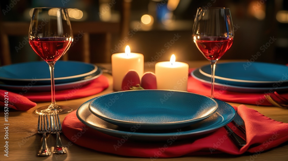 Aufkleber romantic table setting for two with blue plates candles red napkins and red wine creating an intimat