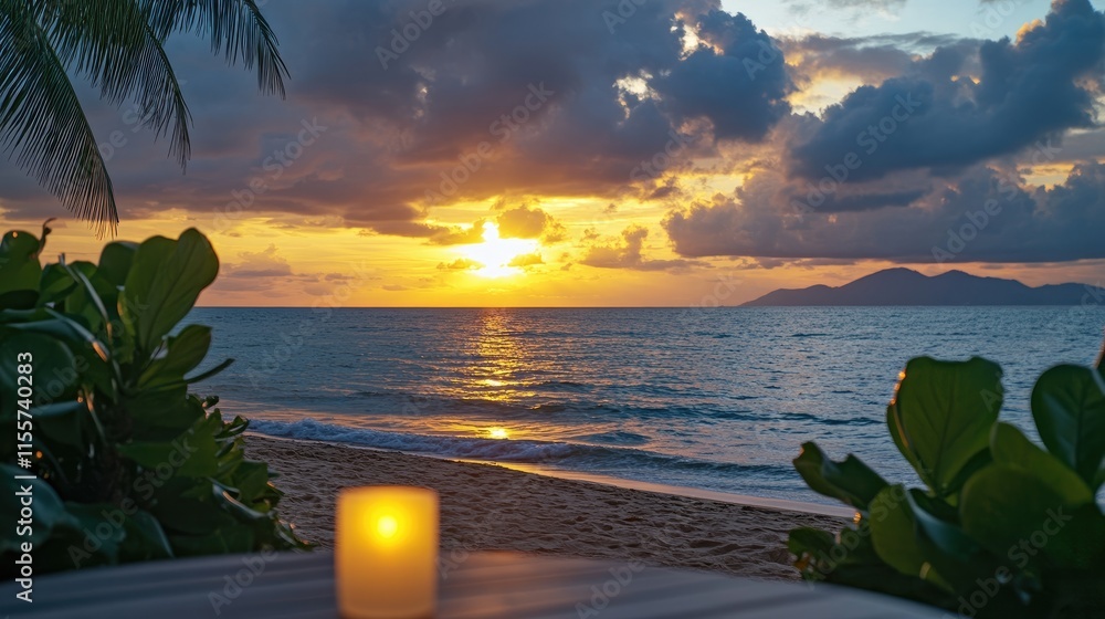 Poster sunset over tranquil beach with dramatic clouds and glowing candle creating a serene and enchanting 