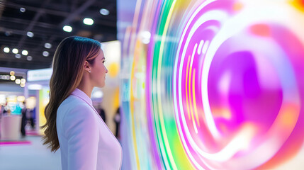 A woman admires vibrant digital art at a creative contemporary tech exhibition