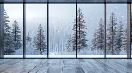 A close-up of a large room with a ground to roof windows seeing hazy wintry forests with snowflakes outside and a large area inside for written purpose, Generative AI.